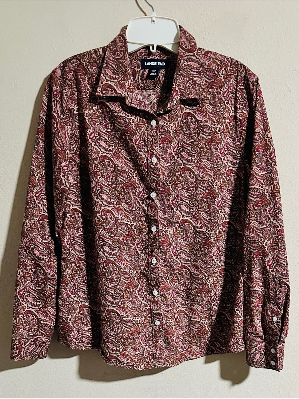 Lands' End Pink, Red, and Brown Paisley Button-Down Shirt 100% Supima Cotton